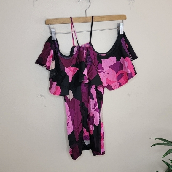 NWT Trina Turk | Pink Purple Black Print Cold Shoulder Floral Blouse Size XS - Picture 5 of 7